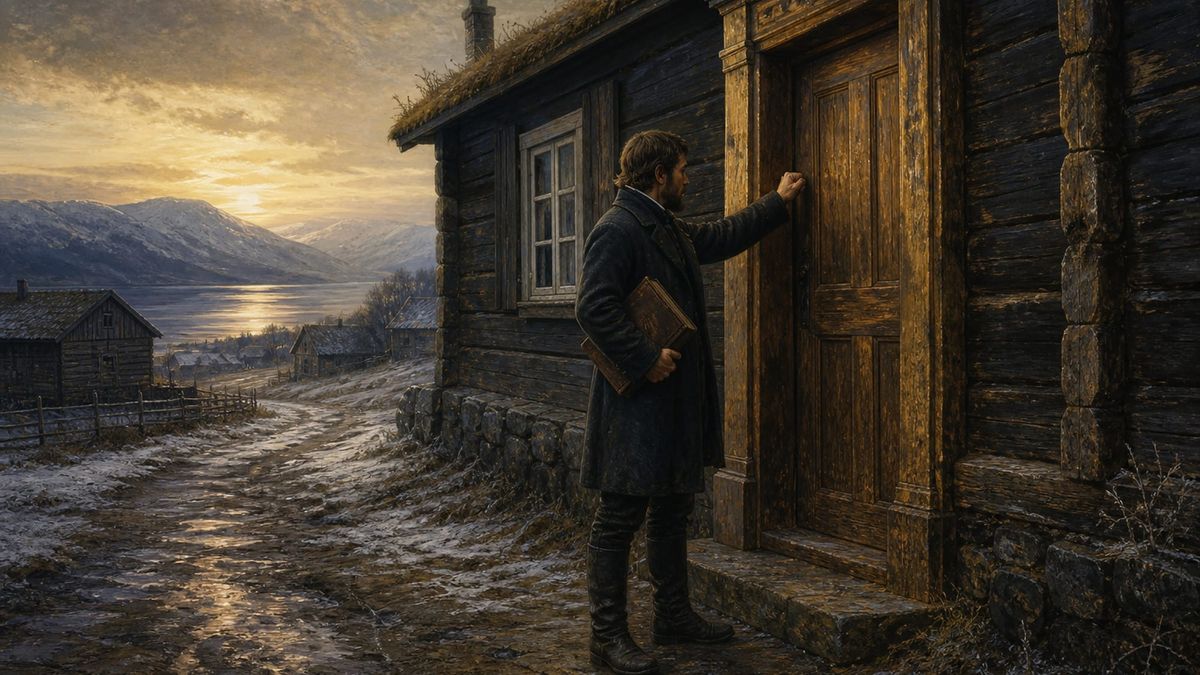 En mann i hel figur banker på en treport i grålys. Bibel under armen.