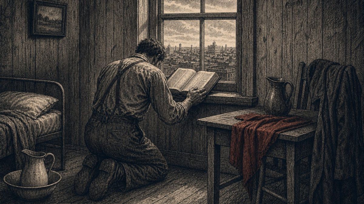 En mann kneler ved et vindu med åpen Bibel. Lyset faller på sidene.