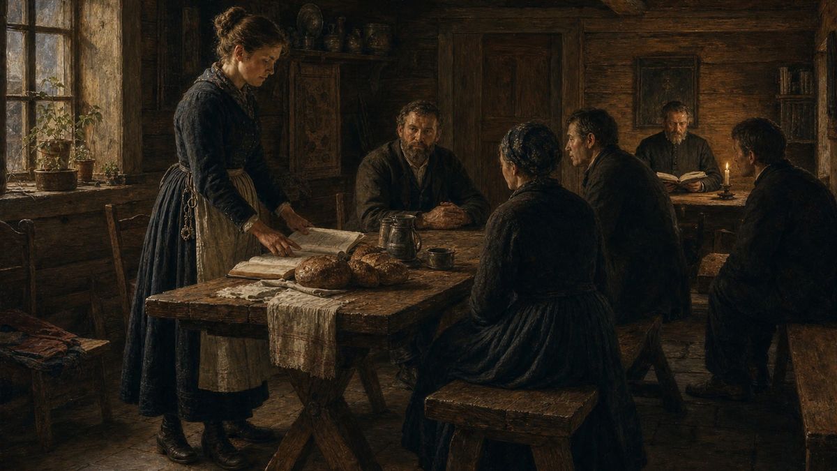 En kvinne i hel figur leder husholdet ved et langbord. En mann sitter med åpen bok i enden. Hele skikkelsene synes.