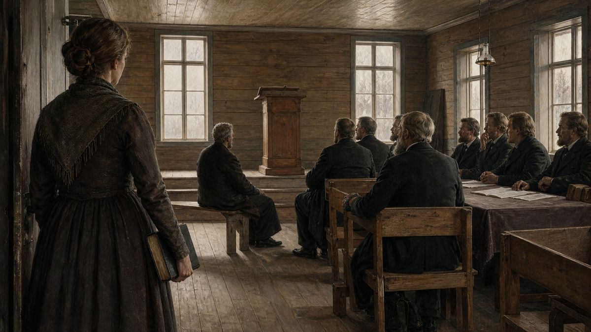En kvinne med Bibel står ved døren til et norsk bedehus fra 1890-årene, mens menn sitter vendt mot en tom talerstol.