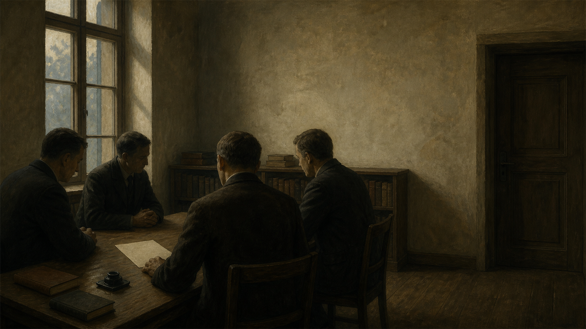 KI-generert konseptillustrasjon av et anonymt kirkelig dokumentmiljø i 1934 uten lesbar tekst eller politiske symboler.