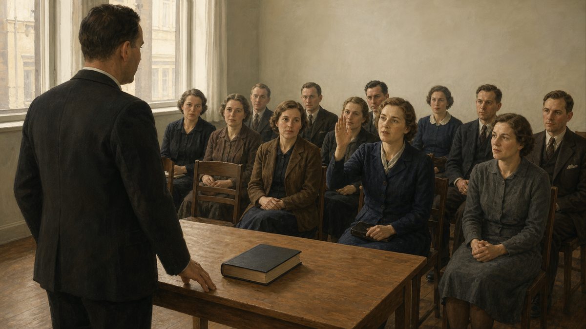 En anonym mann i vanlig dress står ved et lavt bord mens en kvinne rekker opp hånden blant kvinner og menn i et enkelt bibelskolemiljø omkring 1933.