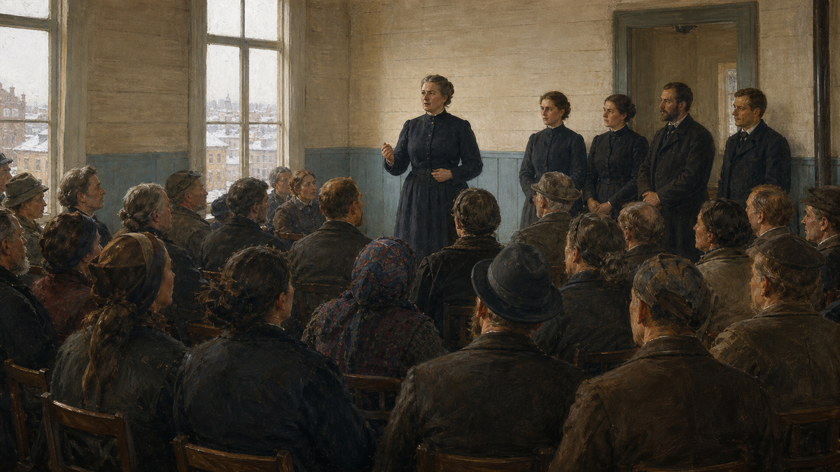 Konseptuell KI-illustrasjon av en anonym kvinne som står ved inngangen til et enkelt møtehus i Kristiania omkring 1888.