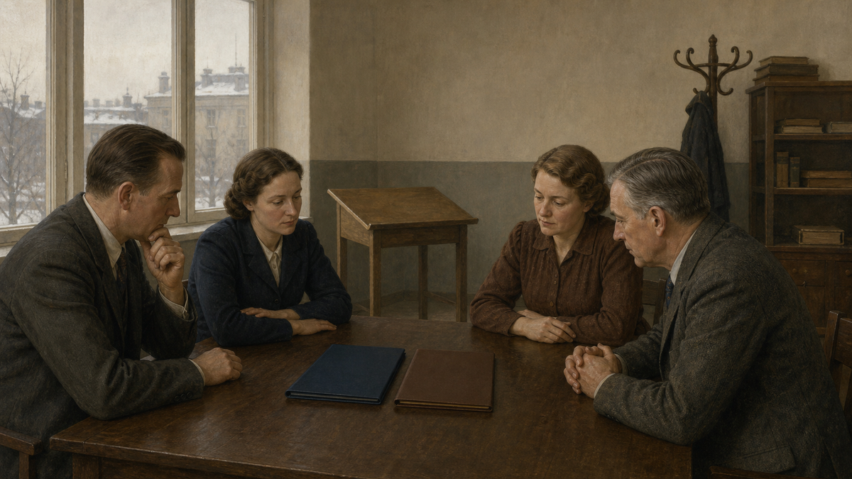 Fire anonymiserte komitémedlemmer sitter rundt et trebord med to lukkede mapper i et norsk møterom omkring 1937.