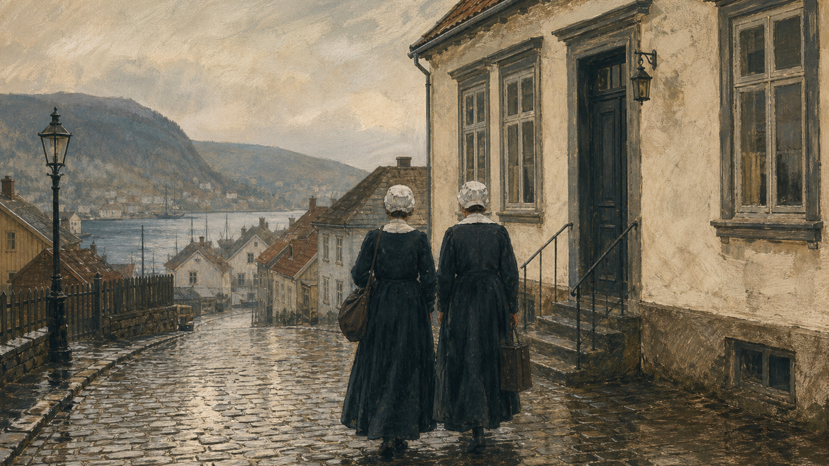 KI-illustrasjon av to anonyme diakonisser på vei mot et leid hus i Bergen omkring 1873.