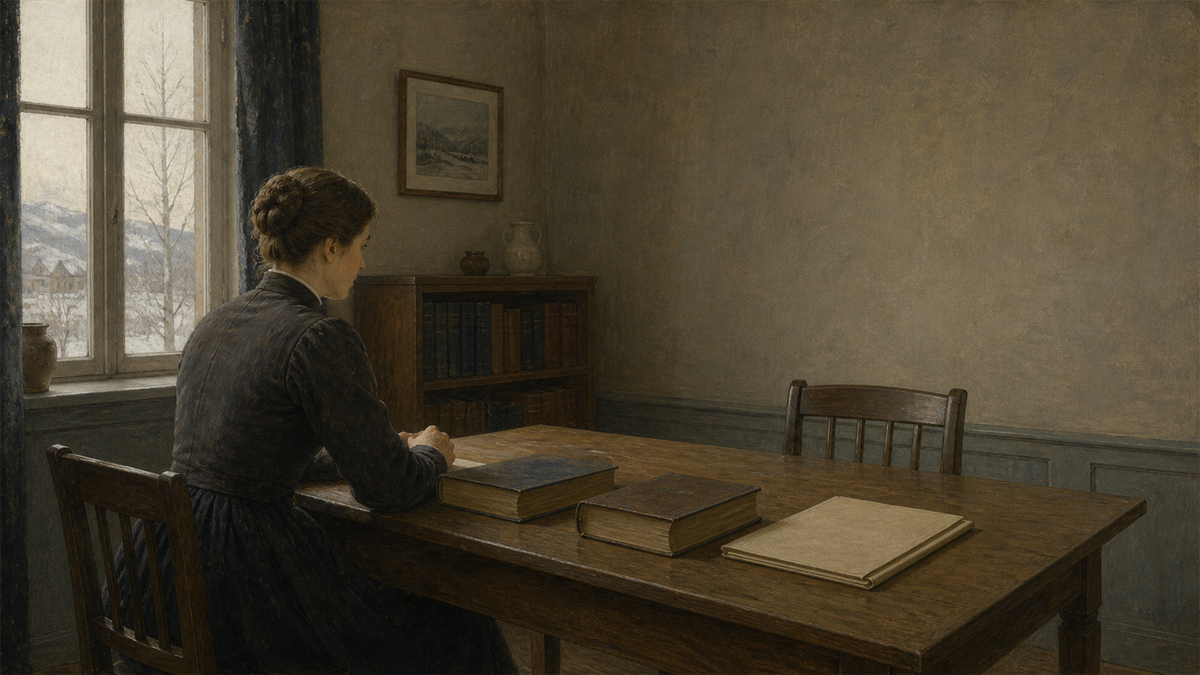 KI-generert illustrasjon av en anonym kvinnelig teologistudent ved et arbeidsbord omkring 1899, med lukkede bøker og en blank mappe.