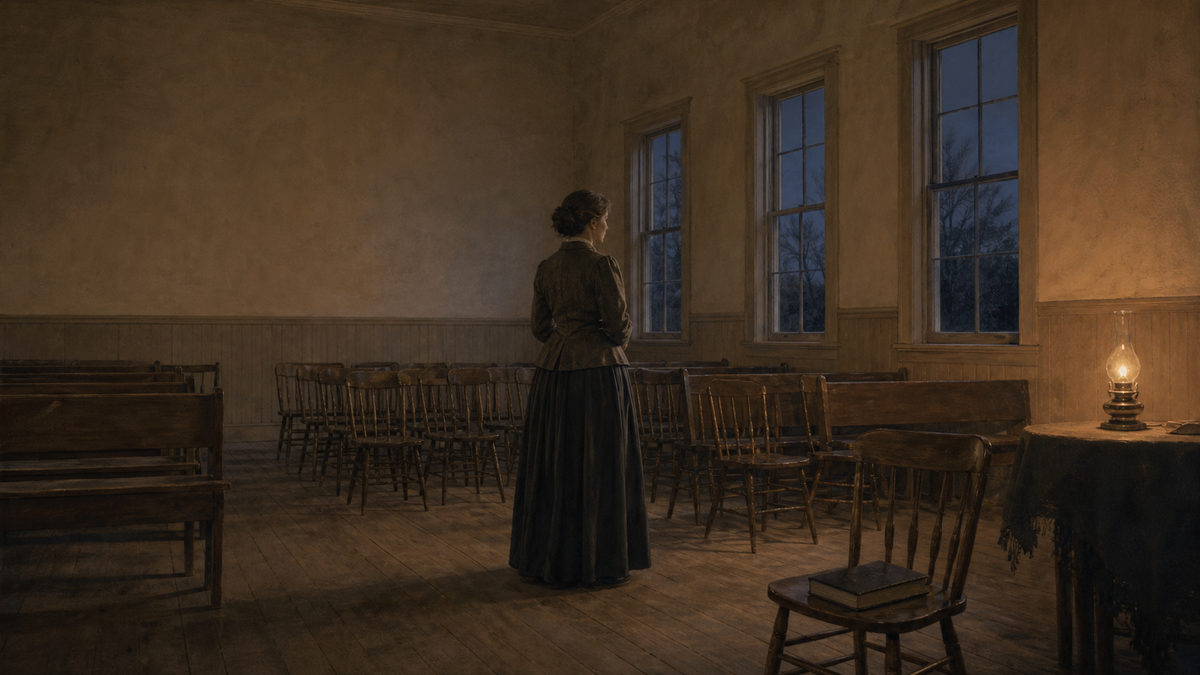 Konseptuell KI-illustrasjon av en anonym kvinne som står alene mellom tomme trestoler i et enkelt amerikansk møtehus omkring 1880.