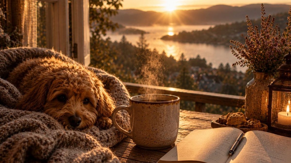 Hund under pledd, kaffekopp og åpen bok foran soloppgang over fjord.