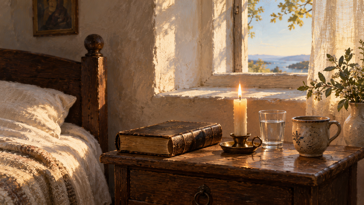 Nattbord med bibel, tent lys, vannglass og kopp ved et vindu i morgenlys