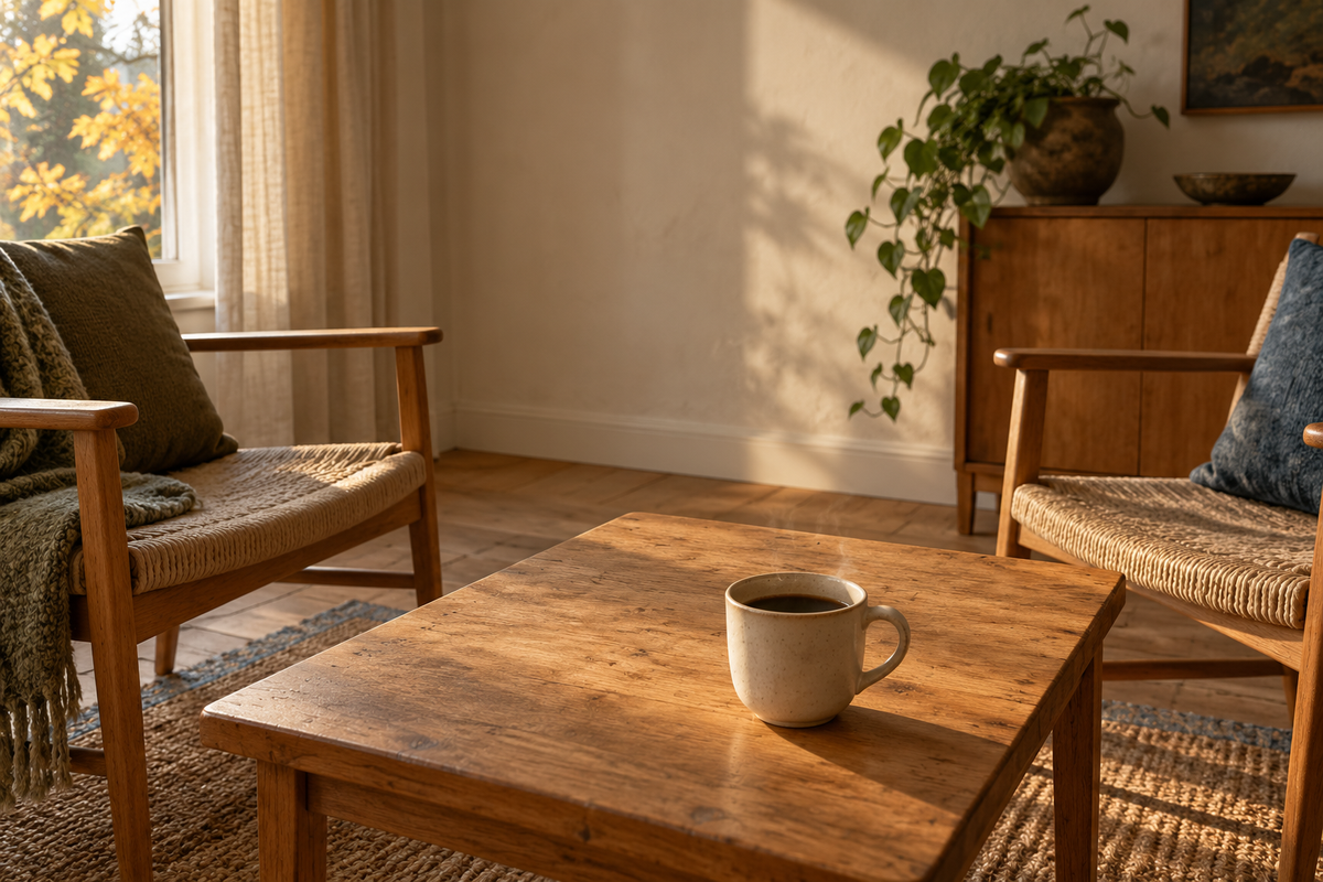 En kaffekopp på et lite bord mellom to stoler som vender mot hverandre.