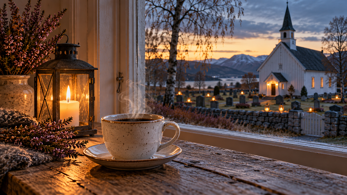 En kaffekopp og en lykt i vinduet, med en hvit kirke og tente gravlys på kirkegården utenfor i skumringen
