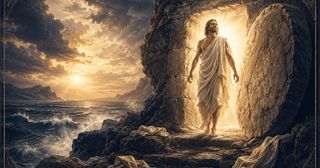 Den oppstandne Jesus trer ut av den åpne graven i morgenlyset.