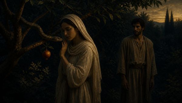 Eva står nærmest slangen og frukten; Adam står bak og ser på, uten å bli tiltalt.