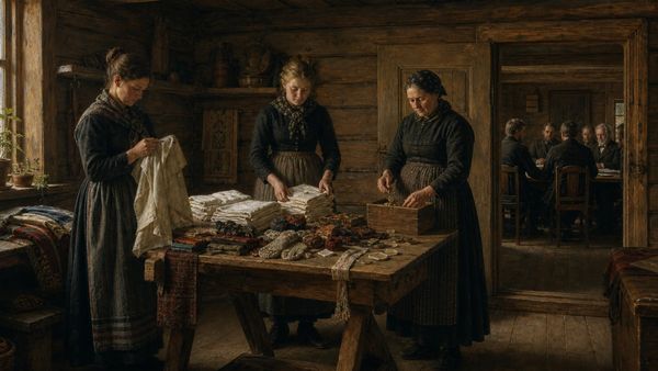Kvinner syr og teller mynter ved et bord. Menn sitter ved et formelt møtebord i rommet bak. Hele skikkelsene synes.