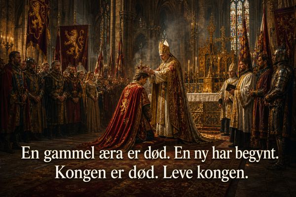 En biskop kroner en knelende konge i en katedral. Hele skikkelsene synes.