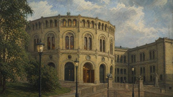 Historisk illustrasjon av Stortinget i 1938 med en eikedør som står på gløtt.