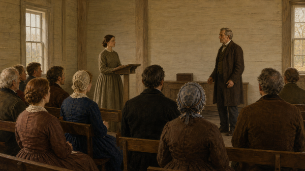 KI-illustrasjon av en anonym kvinne ved en enkel lesepult foran en liten forsamling i et amerikansk møtehus fra 1850-årene.
