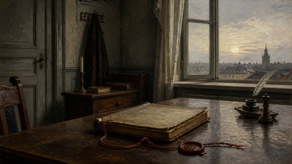 Et gammelt lovbind og en fjærpenn på et skrivebord med et kirketårn utenfor vinduet.