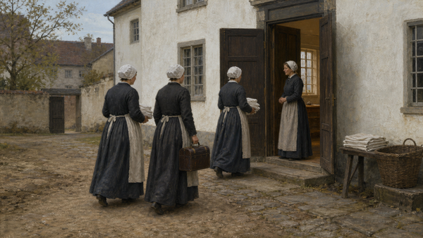 Historisk KI-illustrasjon av tre anonyme kvinner som ankommer en enkel pleie- og utdanningsanstalt i Rhinlandet omkring 1836.