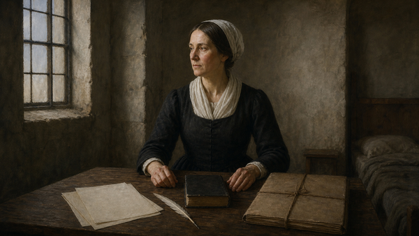 En anonym kvinne i 1600-tallsdrakt sitter ved et arbeidsbord i et enkelt fengselsrom med blanke ark, bibel og fjærpenn.