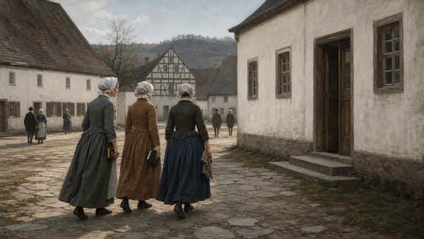 Tre anonyme kvinner går gjennom et stille gårdsrom i Herrnhut i 1758, uten ritual eller prestedrakt.