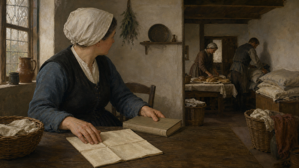 Konseptuell KI-illustrasjon av en anonym prestekone ved et brev i en travel husholdning i Strasbourg omkring 1524.