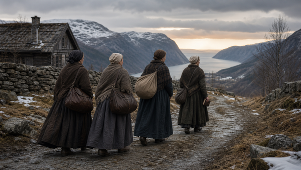 Fire anonyme kvinner går på en norsk bygdevei omkring 1802, én med bok i hånden.