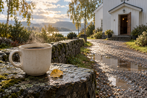 Kaffekopp på et trebord ved et vindu, med en hvit kirke og tåke over fjorden utenfor