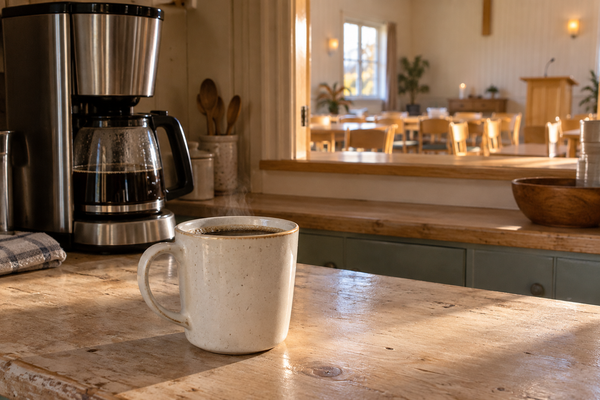 En kaffekopp og en kaffetrakter på et kjøkken, med forsamlingsrommet synlig gjennom serveringsluken