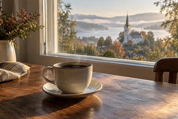 Kaffekopp på et trebord ved et vindu, med en hvit kirke og tåke over fjorden utenfor