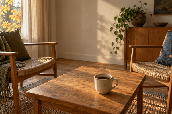 En kaffekopp på et lite bord mellom to stoler som vender mot hverandre.
