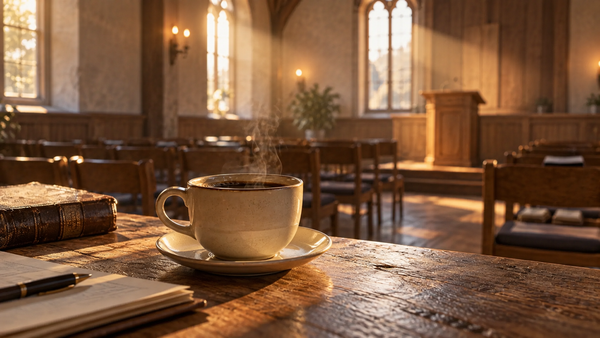En kopp kaffe og en bibel på et bord, med stolrader og en talerstol i et forsamlingslokale i bakgrunnen