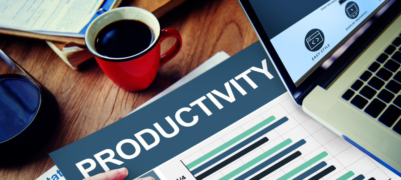 Coffee, computer, and paper with productivity written on it.