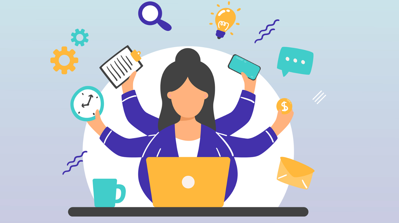 Cartoon character sitting in front of computer