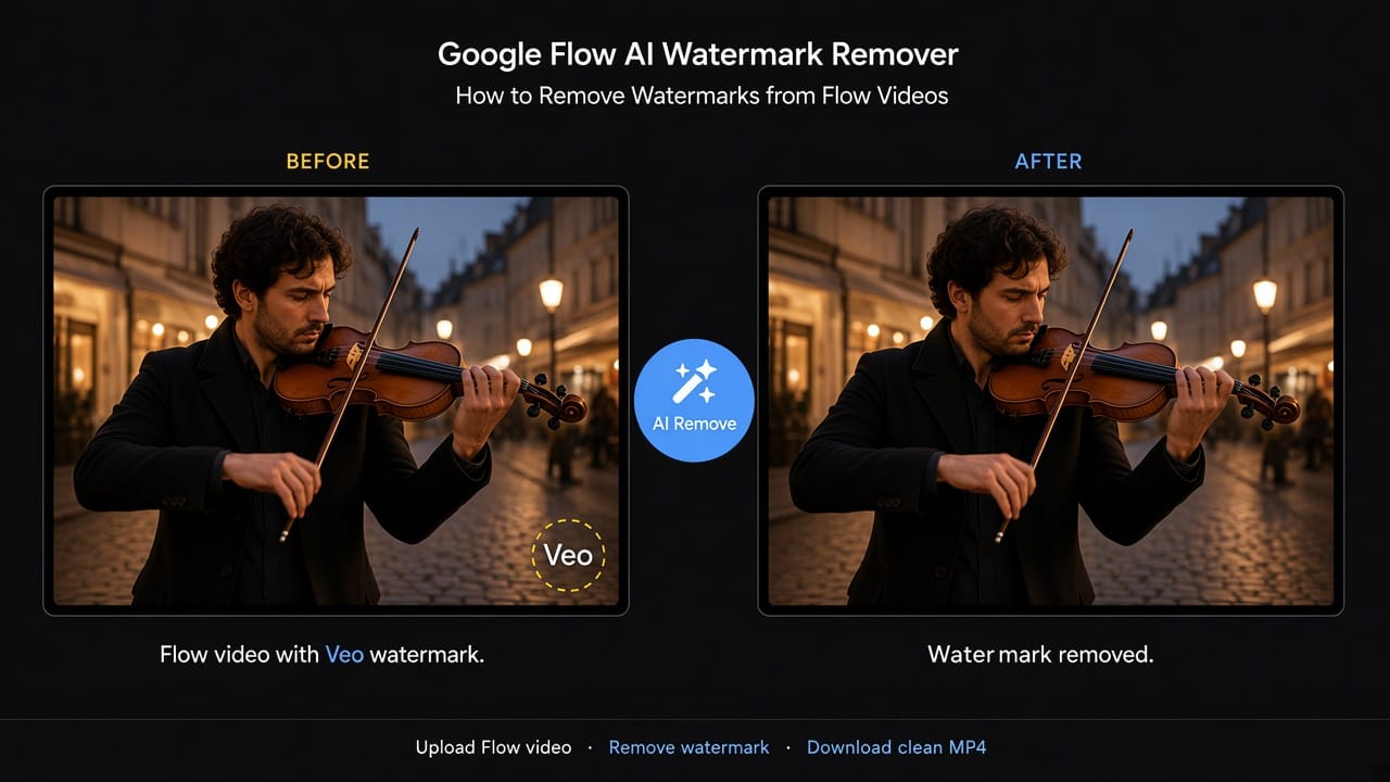 Before and after comparison of Google Flow video watermark removal