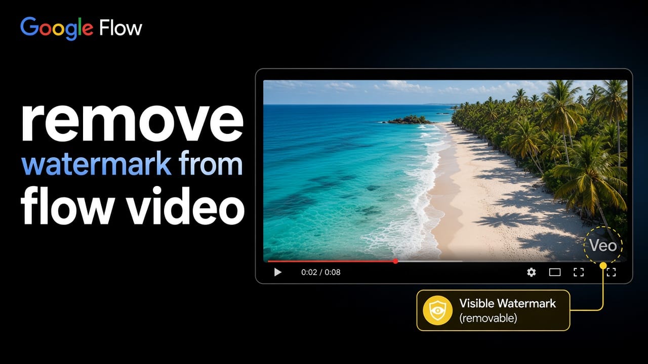 Google Flow video with a visible Veo watermark and watermark removal example
