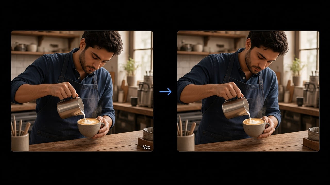 Before and after comparison of Veo watermark removal from a Google Flow video