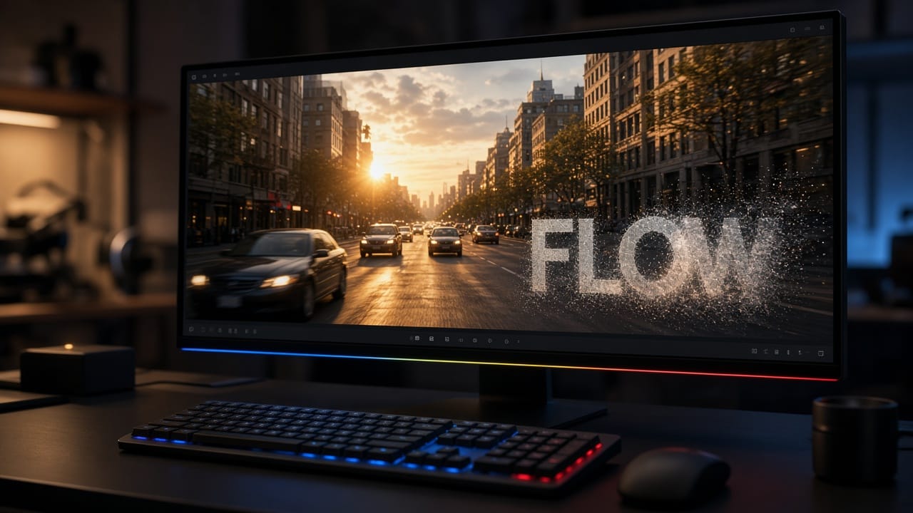 Google Flow video with a visible Flow watermark on a desktop screen