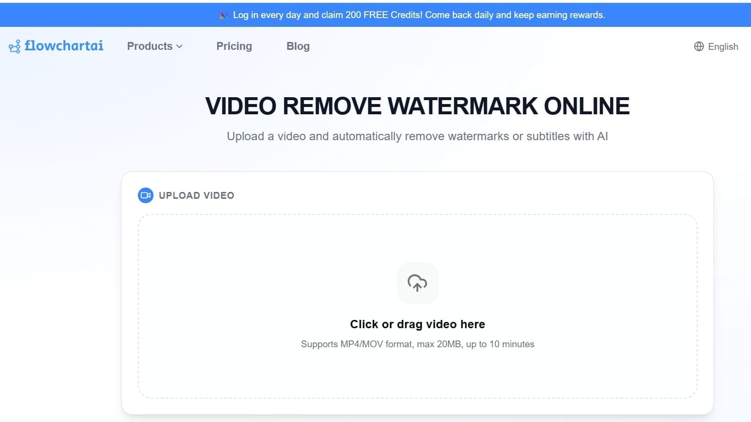 FlowChartAI video watermark remover interface for uploading and removing watermarks