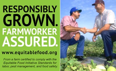 This green label can only be used on produce from suppliers who are certified by the Equitable Food Initiative, which works to improve the safety of fresh product while ensuring farmworkers' are in the loop as well as on the front lines in the war against pathogens.