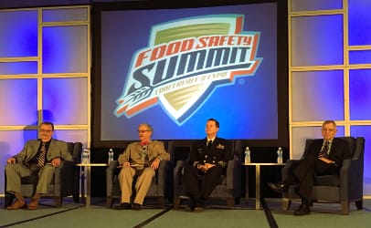 A town hall style question and answer session at the 18th annual Food Safety Summit on Thursday included (from left) Joe Corby of the Association of Food and Drug Officials (AFDO), Robert Tauxe of the CDC, David Goldman of the USDA and Mike Taylor of the FDA.