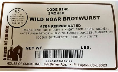 recalled Wild Boar Brotwurst