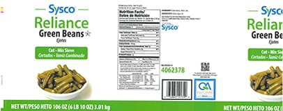 Sysco Reliance canned green beans label