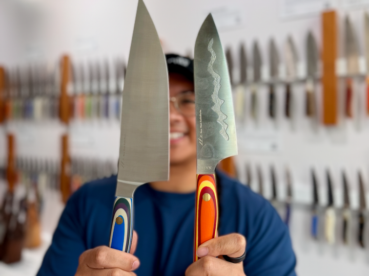 Chef Geronimo Ramos holding the New West KnifeWorks 8-inch Cadet and Sunburst Fillet Knife at the St. Helena store