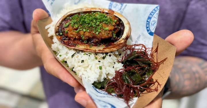 Soy and sake braised abalone plated at Cultured Abalone Farm in Goleta, California