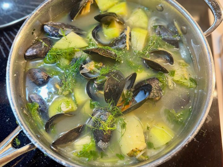 Wild Bay Area tinolang tahong with mussels, chayote, chili leaves, and fennel fronds in ginger kombu broth