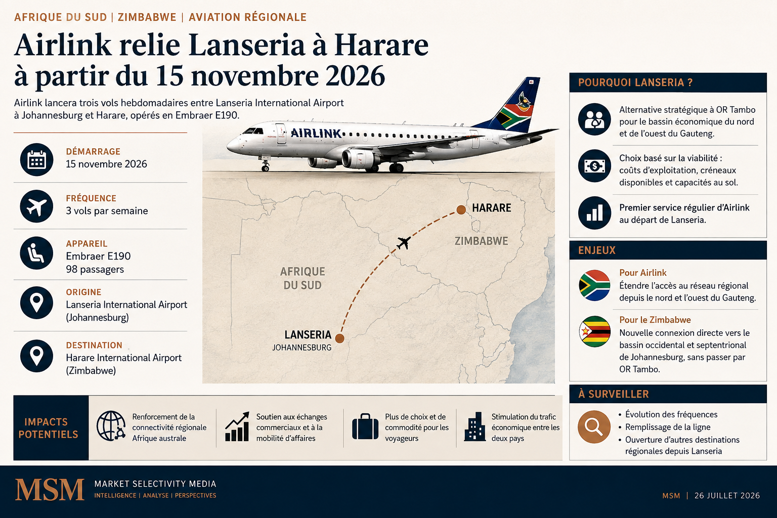 Airlink lancera, à partir du 15 novembre 2026, trois vols hebdomadaires entre Lanseria International Airport, à Johannesburg, et Harare, au Zimbabwe.