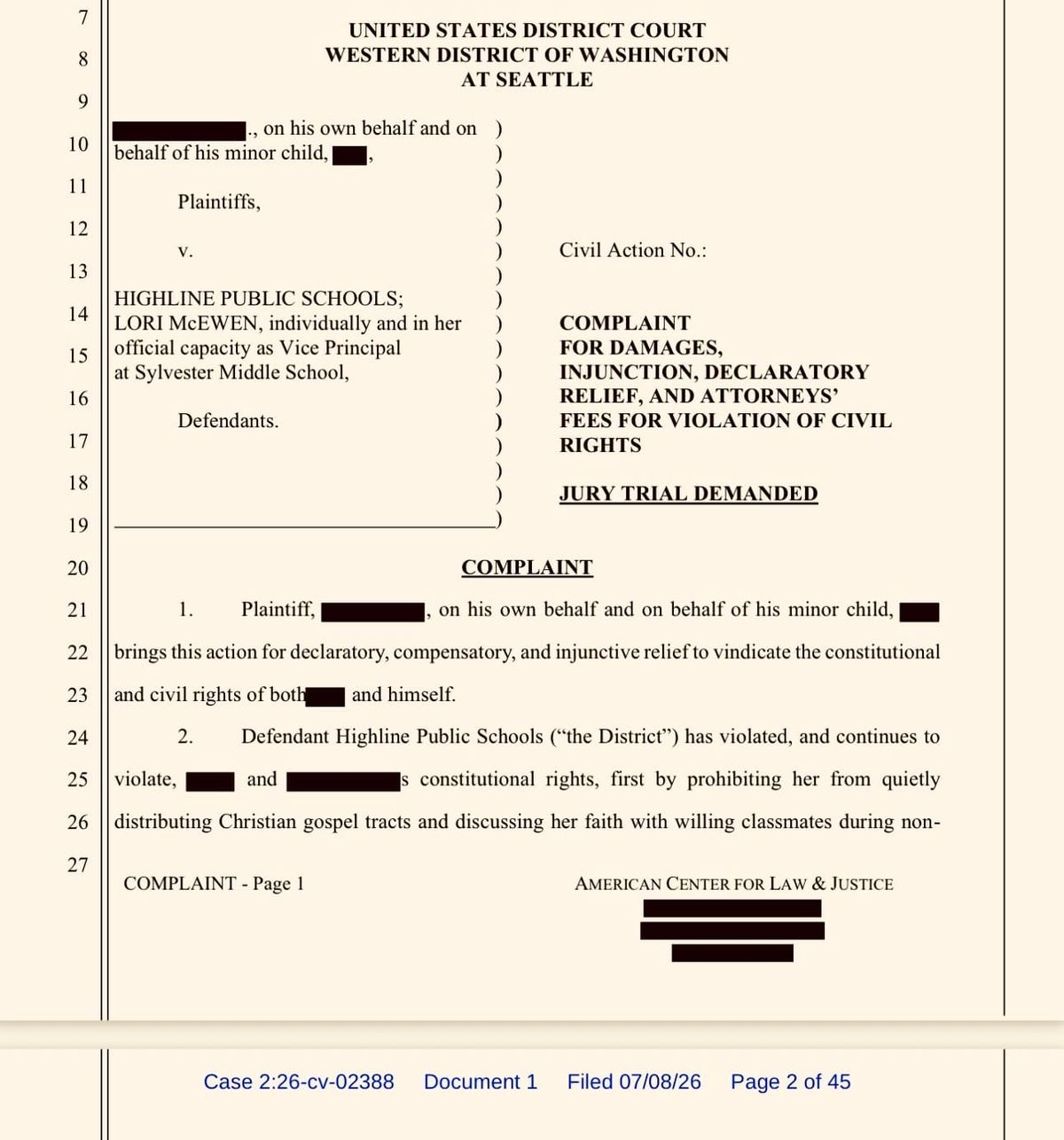 Parent Sues Highline Over Student's Religious Rights