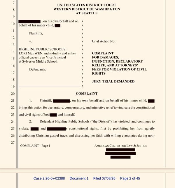 Parent Sues Highline Over Student's Religious Rights