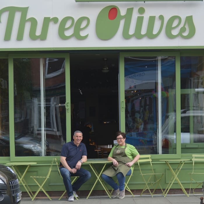 Andy & Sarah outside their new venture, Three Olives